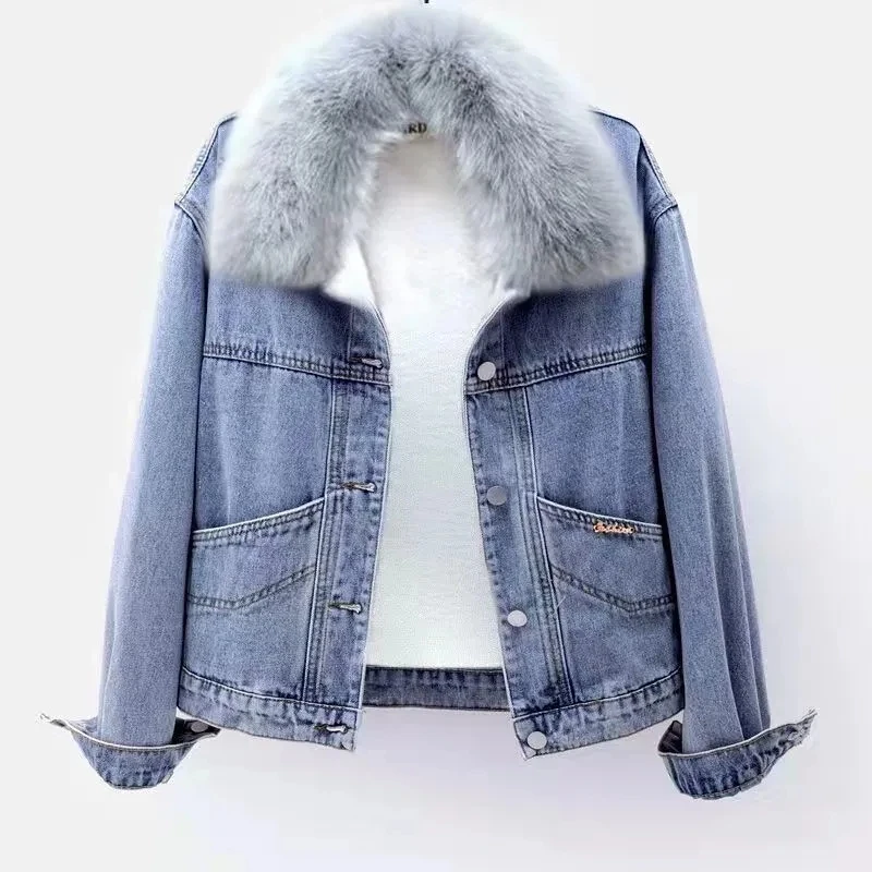 

2025 Autumn/Winter Embroidered Denim Jacket Female Korean Short Wild Loose Jacket Coat New Plus Velvet Thicken Padded Coat
