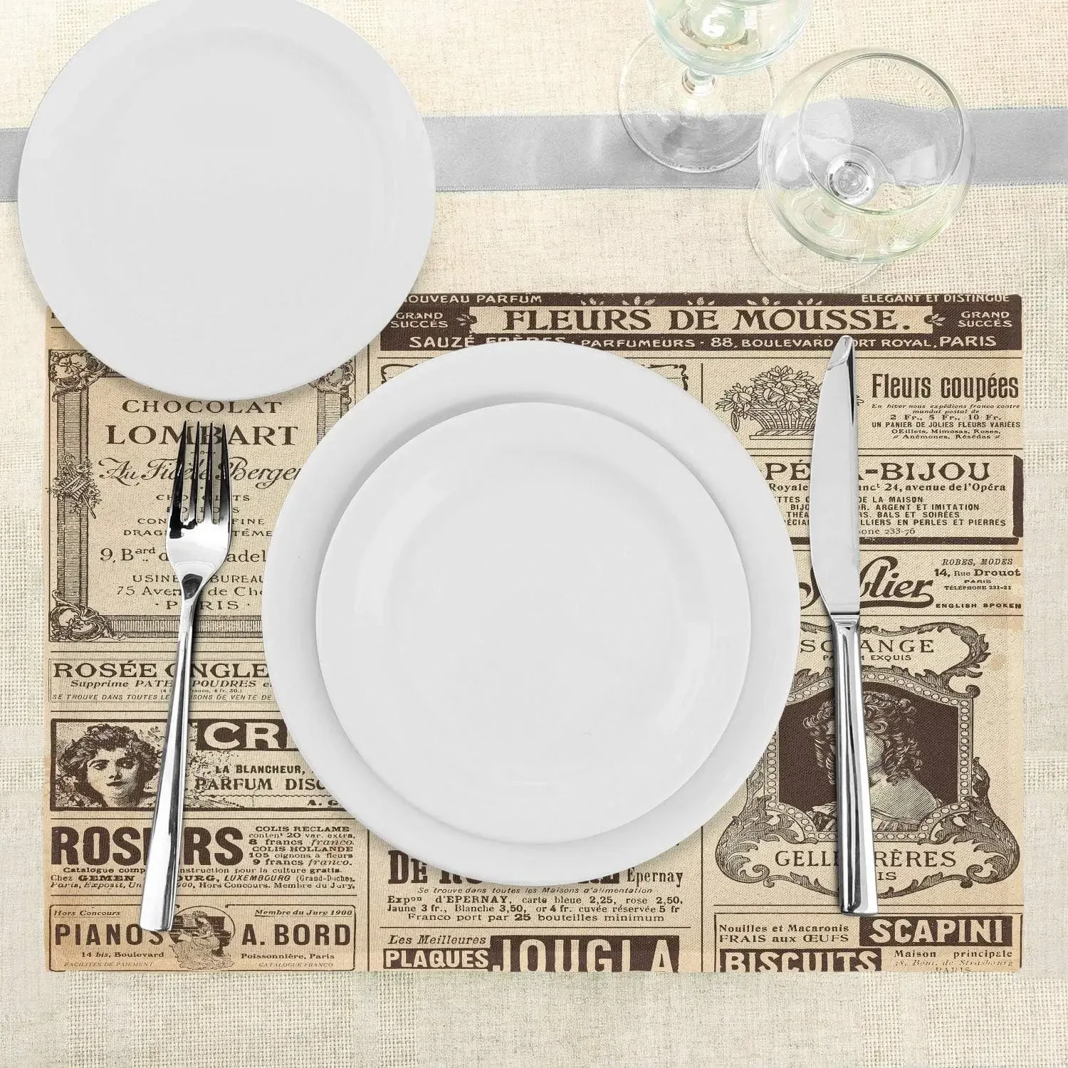 Paris Place Mats Set of 4 Old Newspaper Journal French Paper Lettering Art Design Washable Fabric Placemats for Dining Table