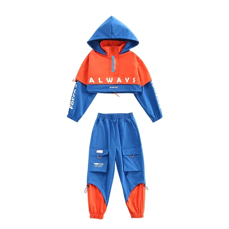 Hip Hop Dance Costume Boys Girls Long Sleeve Hiphop Clothing Hooded Tops Blue Pants Ballroom Jazz Dance Clothes Show Wear BL5187