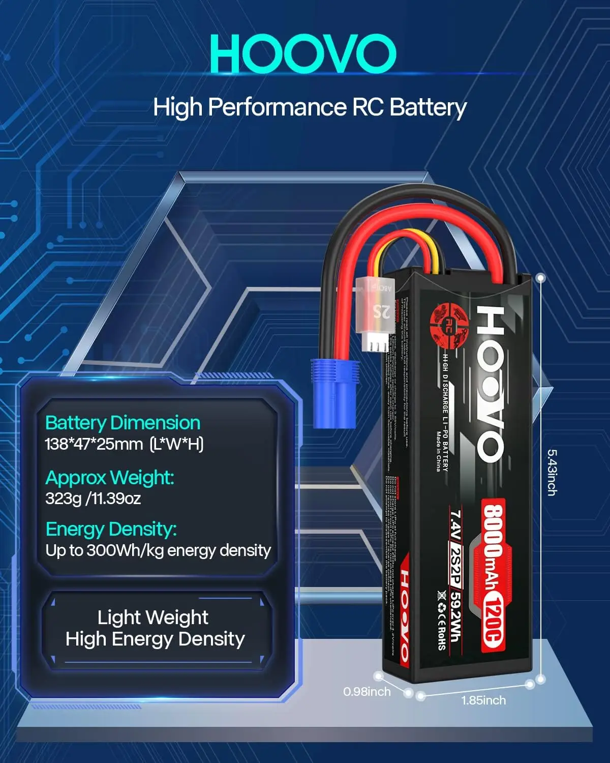 HOOVO 2S Lipo 배터리 7.4V 8000mAh 120C RC 자동차 배터리 하드 케이스 EC5 플러그, 1/8 1/10 RC 차량, 트럭 드론 모델용, 2 개