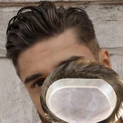 Men's 100% Human Hair Units Capillary Prosthesis Replacement System Toupee Breathable Mono Lace with PU Around Comfort Male Wigs