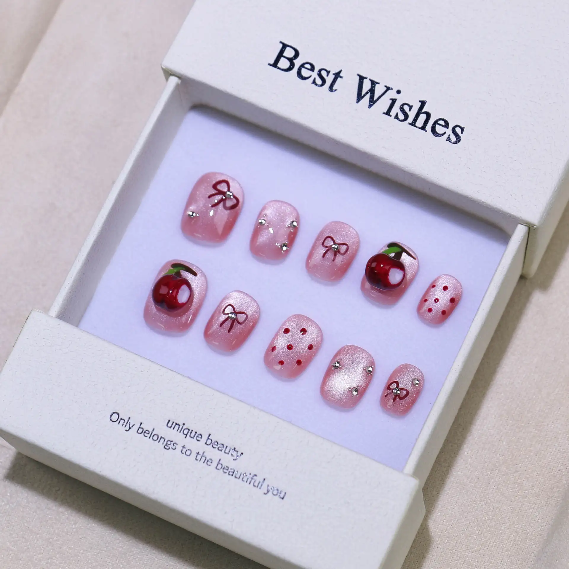 

10Pcs Red Short Round Handmade Full Cover Apple Rhinestone Wearable Glitter Cute Sweet False Nails Manicure Detachable Press On