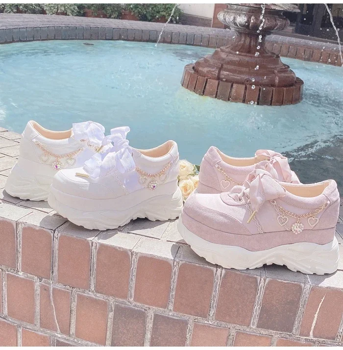 Japanese Style Mine Liz Sweet Cute Rhinestone Love Chain Platform Autumn Winter Women's Ribbon Bow Sneakers Girls Sports Shoes