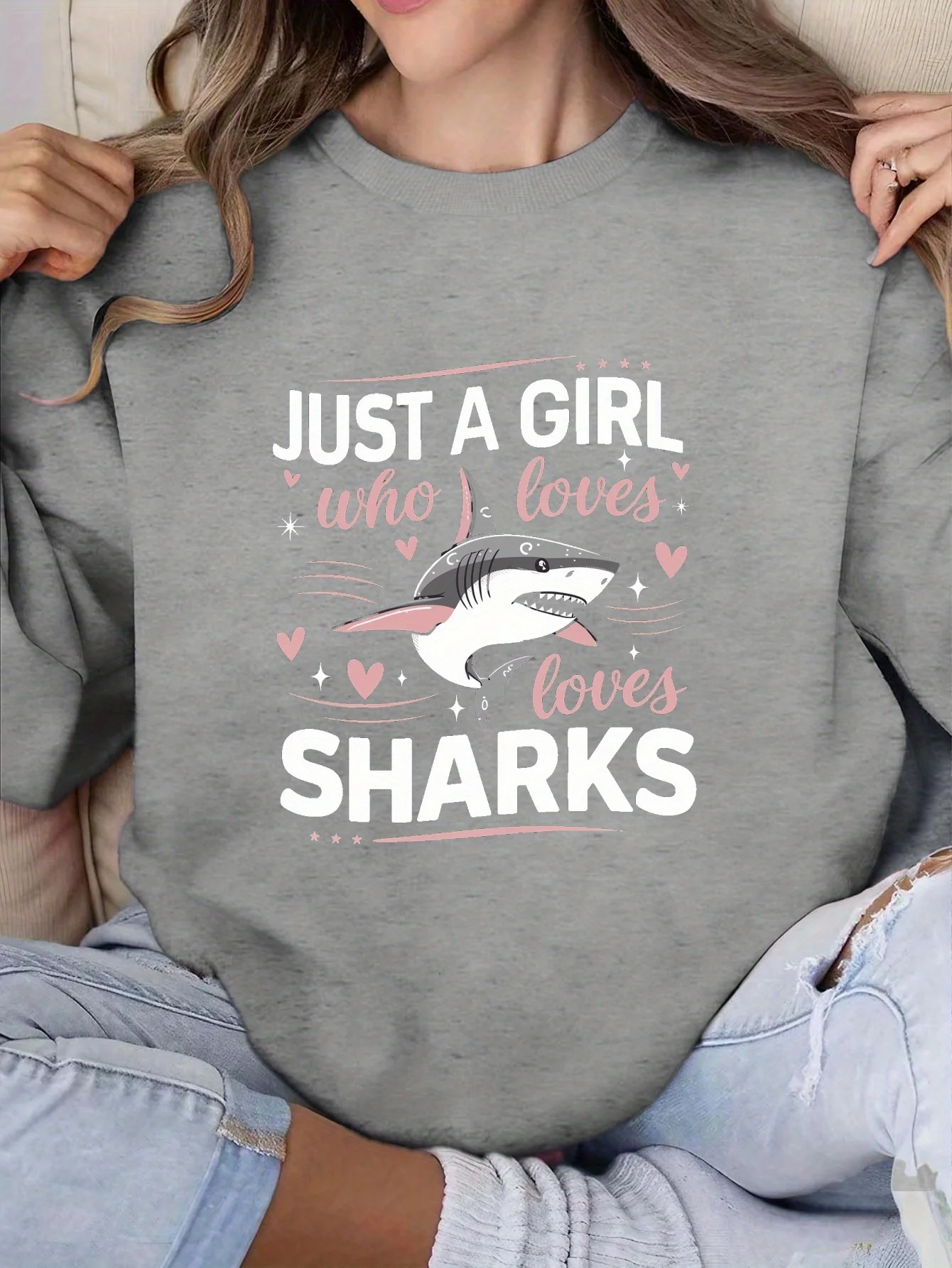 

Women's Casual Crew Neck Sweatshirt - 100% Polyester Knit Fabric with Geometric Shark Pattern, Fall/winter Season, Love Sharks