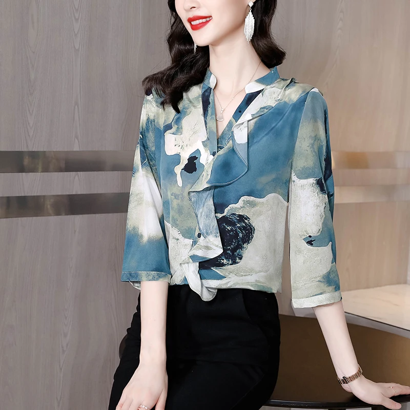 Women Print Silk Chic Ruffled V-Neck Blouses Summer Fashion Light Casual Shirts 2024 Korean High Quality Elegant Bodycon Shirts