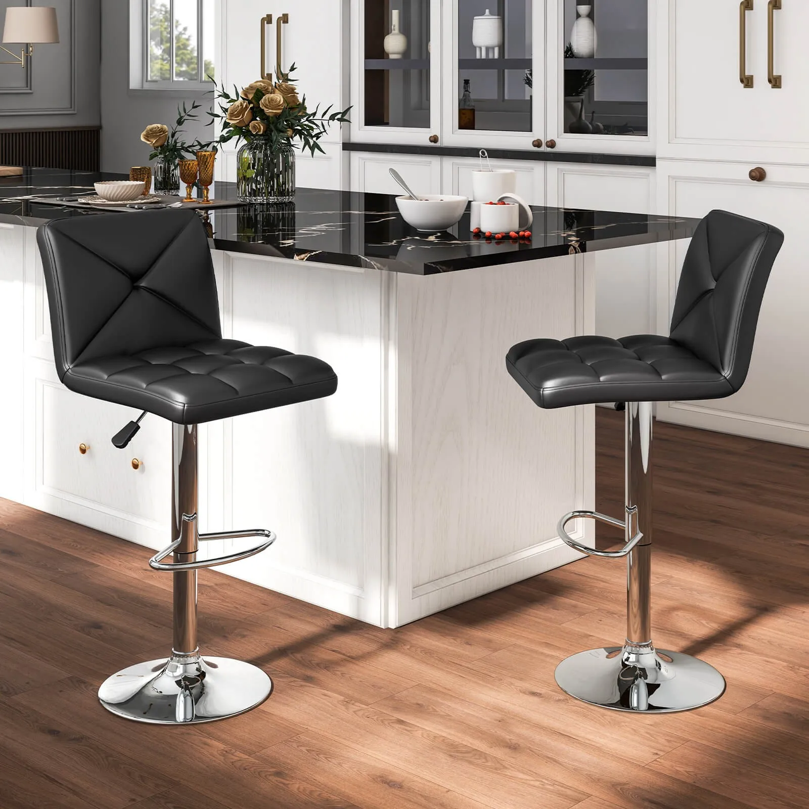 

Modern Bar Stools Set of 2 PU Leather Upholstered Swivel Counter Stools w/ Back