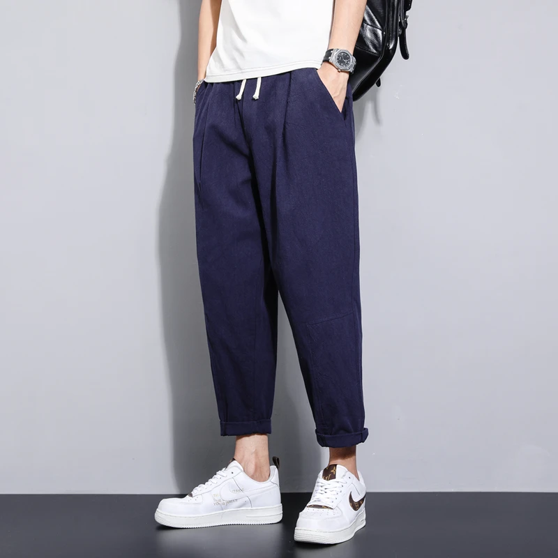 Summer Men Korean Cotton and Hemp Straight Leg Pants Comfortable and Versatile Casual Pants Loose Large Hombre High Street Pants