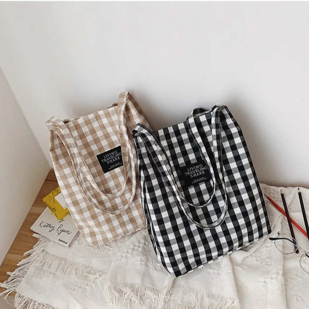 Cotton Linen Shoulder Bag Fashion Square Large Capacity Canvas Handbag Check Plaid Student Books Bag Ladies