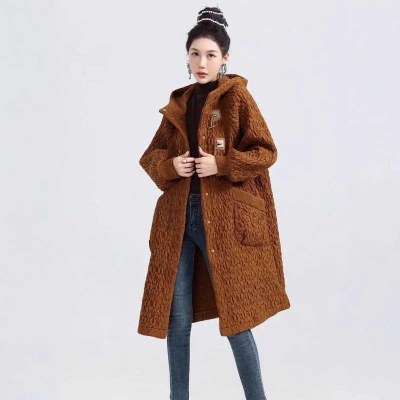 مطوي معطف القطن ملابس خارجية مياكي مطوي الشتاء مبطن سميكة المتضخم المرأة طويلة الأكمام مقنعين سترة قطن Plisse