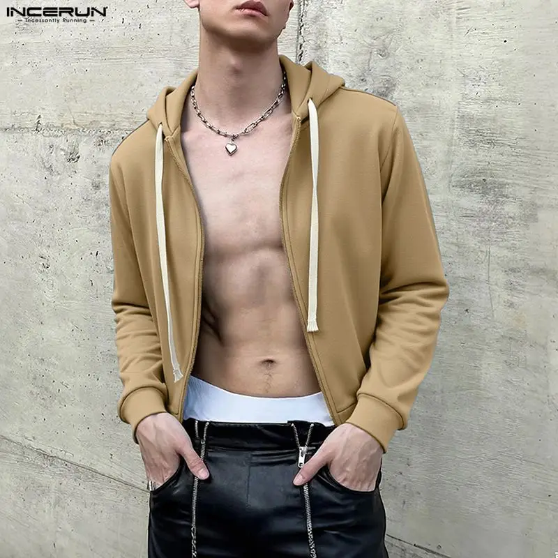 INCERUN الرجال هوديس بلون مقنعين سحاب أكمام طويلة المحاصيل بلوزات الرجال الشارع الشهير فضفاض موضة ملابس خارجية غير رسمية هوديي