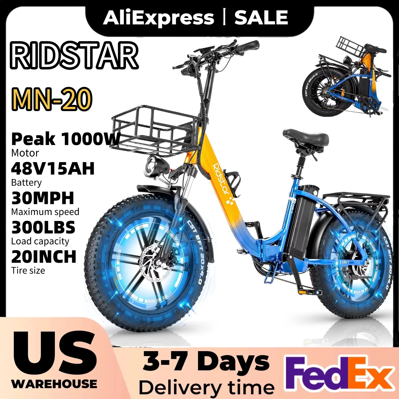 

Ridstar Folding Electric Bike for Adults 1000W 30MPH 50 Miles 48V 15Ah 20" Fat Tire City Commuter Foldable EBike for Women MN-20