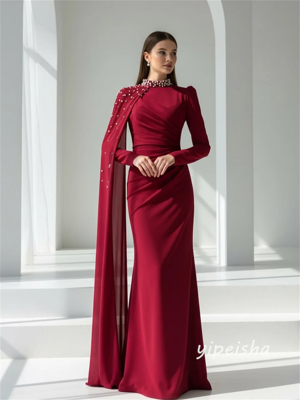 Sukienki wieczorowe dla kobiet, szyte na miarę, wykwintne, eleganckie, z dżerseju, zdobione perłami i kryształkami, drapowane, o kroju litery A, z wysokim kołnierzem, długie, modne.