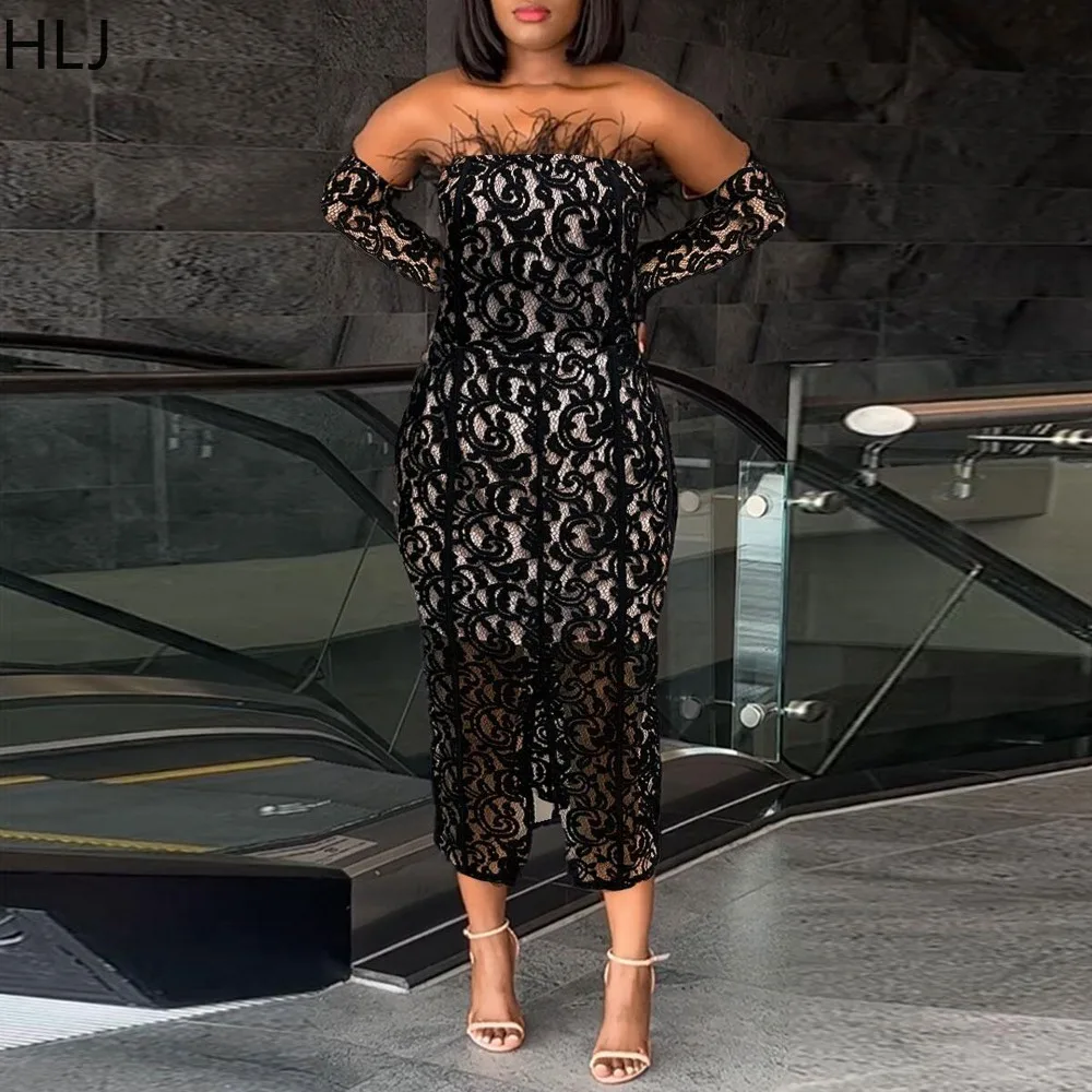 

HLJ Sexy Lace Fur Patchwork Bodycon Dresses Women See Through Sleeveless Backless Dress Female Party Clubwear Vestidos 2025 New