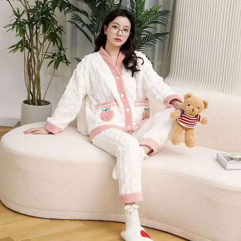 Thickened Coral Fleece Women's Pajamas Spring Autumn Winter 2023 New Style Watermelon Flanella Homewear Cardigan Suit