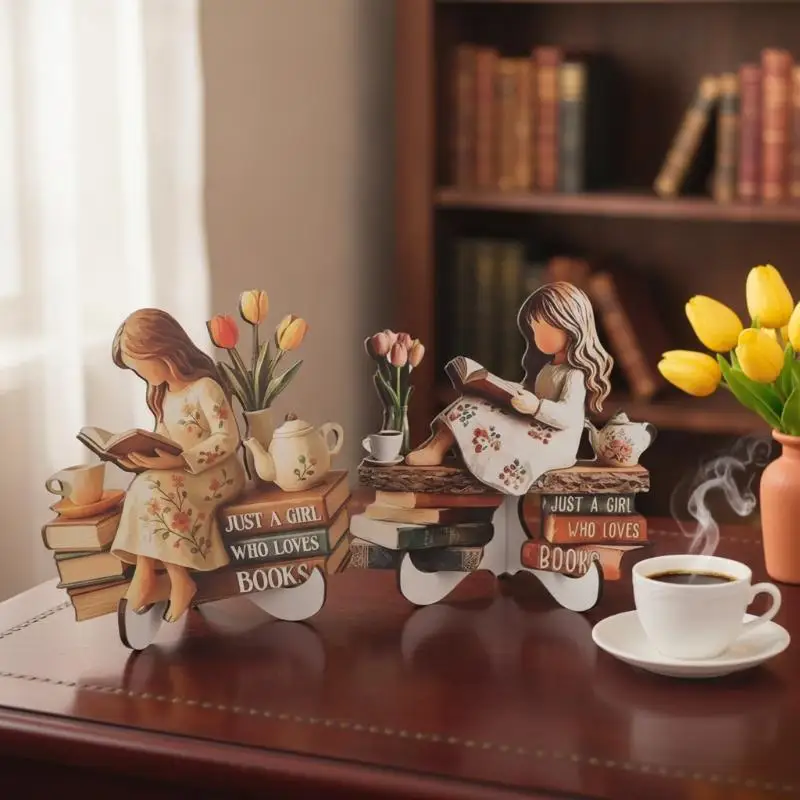 Reading Girl Wooden Figurine Creative 2D Lightweight Craft Portable Desktop Decor for Study Room Travel Desk Reader Gift