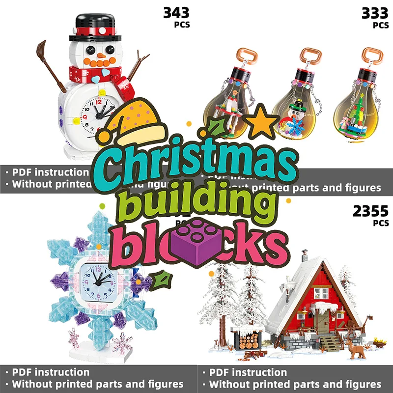 

Diverse Kits (Cabin, Light Bulb Ornaments) - Christmas Themed Building Blocks Collection, Assorted Christmas Building Bricks