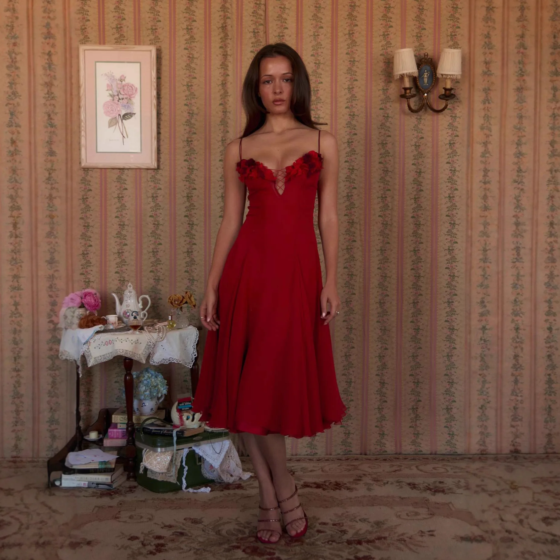 

2026 Summer New Three-dimensional Flower Deep V Suspender Dress