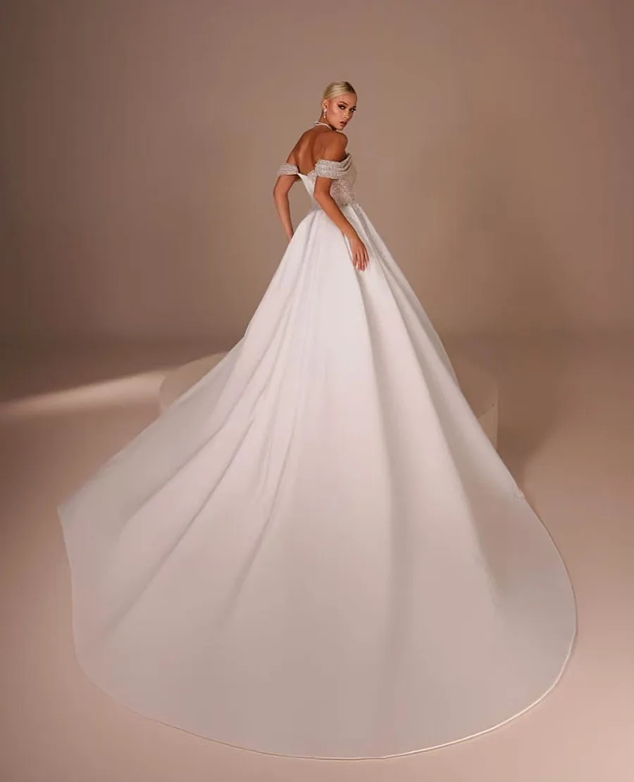 2025 Luxury Mermaid Wedding Dresses Sparkly Beading Pleat Satin Ball Gowns Detachable Train Formal Bride Beach Party Custom