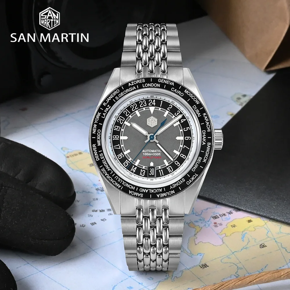 

San Martin Original New World Timer Watch NH34 GMT 39.5mm Original Design Men Automatic Mechanical Travelers Watches Waterproof