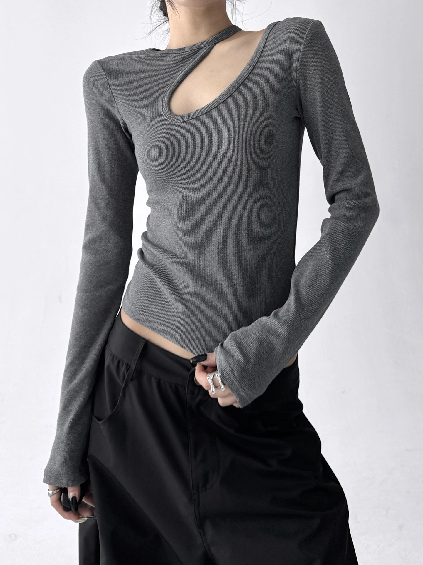 Spicy Girl Hollow out Design Slimming Pure Desire Early Autumn New Sle T-irt Base irt Commute Sle Long Sve Cotton ...