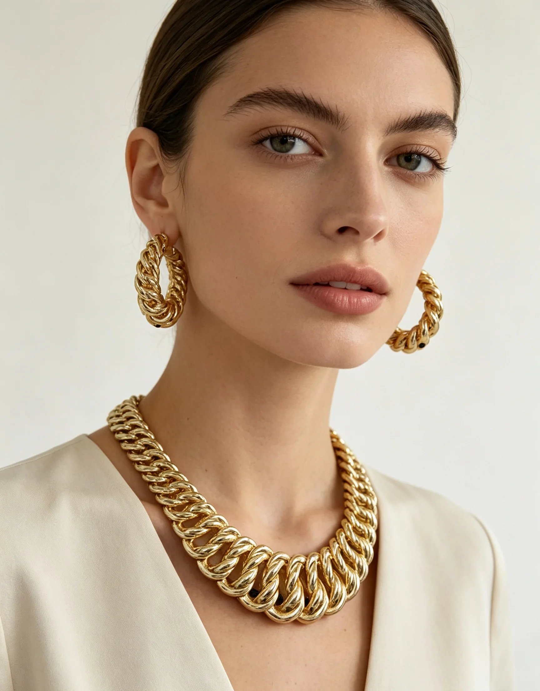 Thick Curb Chain Jewelry Set for Women Bold Twisted Link Choker Necklace Hoop Earrings Fashion Party Statement Wedding Jewellery