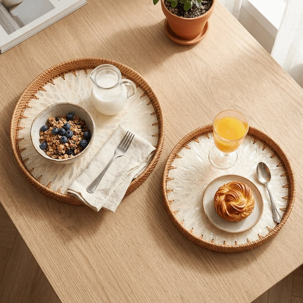 2Pcs Woven Fiber Storage Tray Colorful Finish Lightweight Serving Tray Open Weave Practical Decorative Tray Kitchen