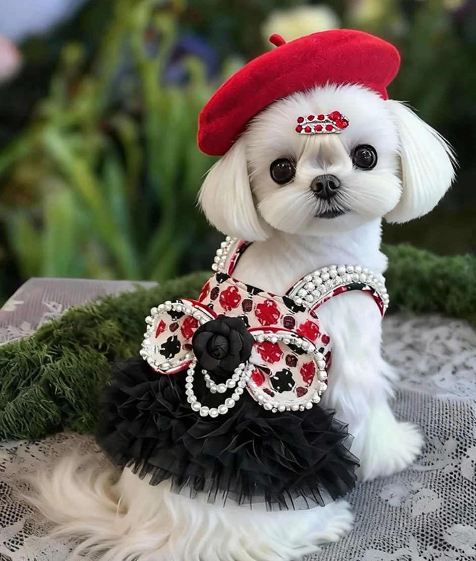 

Gentry Girl-Style Pearl Bow Winter Halter Pet Dress High-End Custom Dog Chiffon Dress