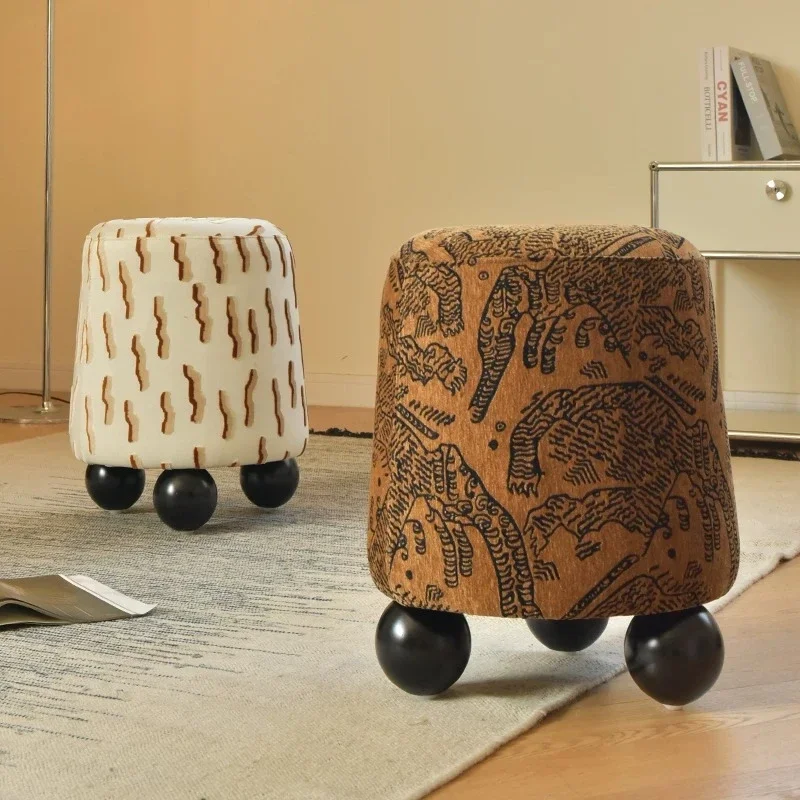 Cylinder printed fabric dresser stool ball wooden leg upholstered foot stool dresser living room