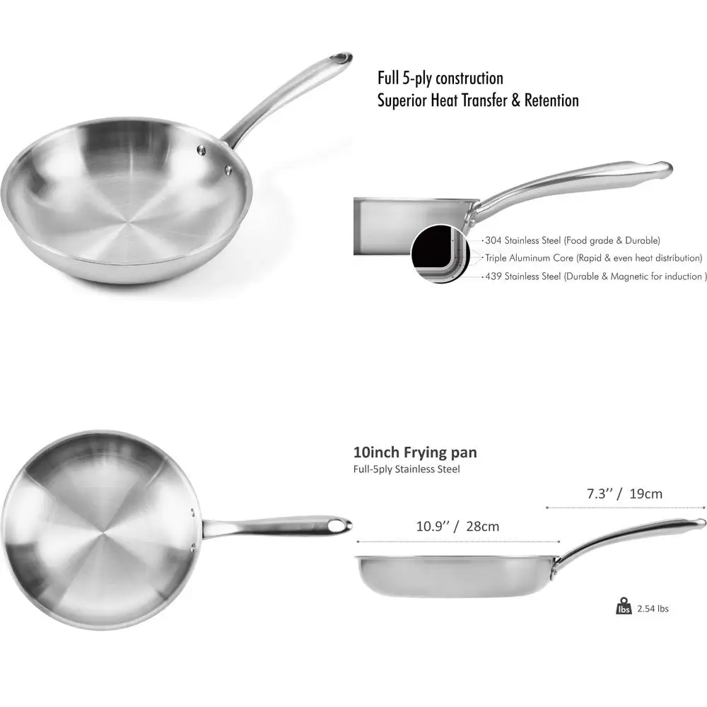 

Профессиональная 10-дюймовая 5-слойная сковорода из нержавеющей стали — полное покрытие, матовая поверхность, подходит для индукционной приготовления пищи
