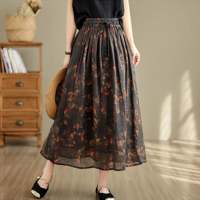 

Vintage Floral Print Women Skirts 2025 New Summer Korean Style High Waist Slim Midi Skirts Mommy Large Swing A-Line Skirts