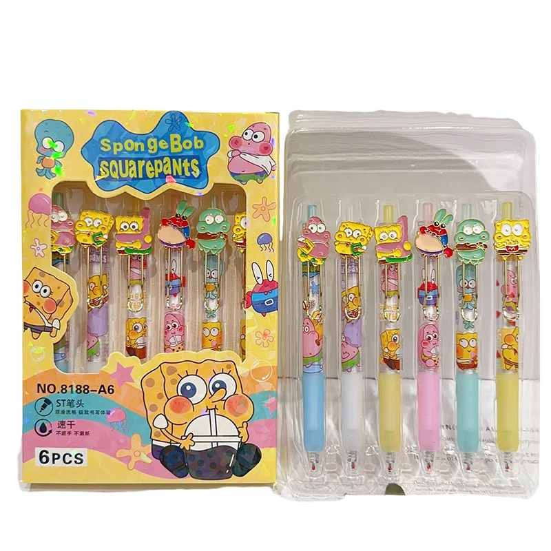 6pcs SpongeBob Neutral Pen Box Set Cartoon Stationery Signature Pen Patrick Anime Office School Supplies Student Stationery Gift