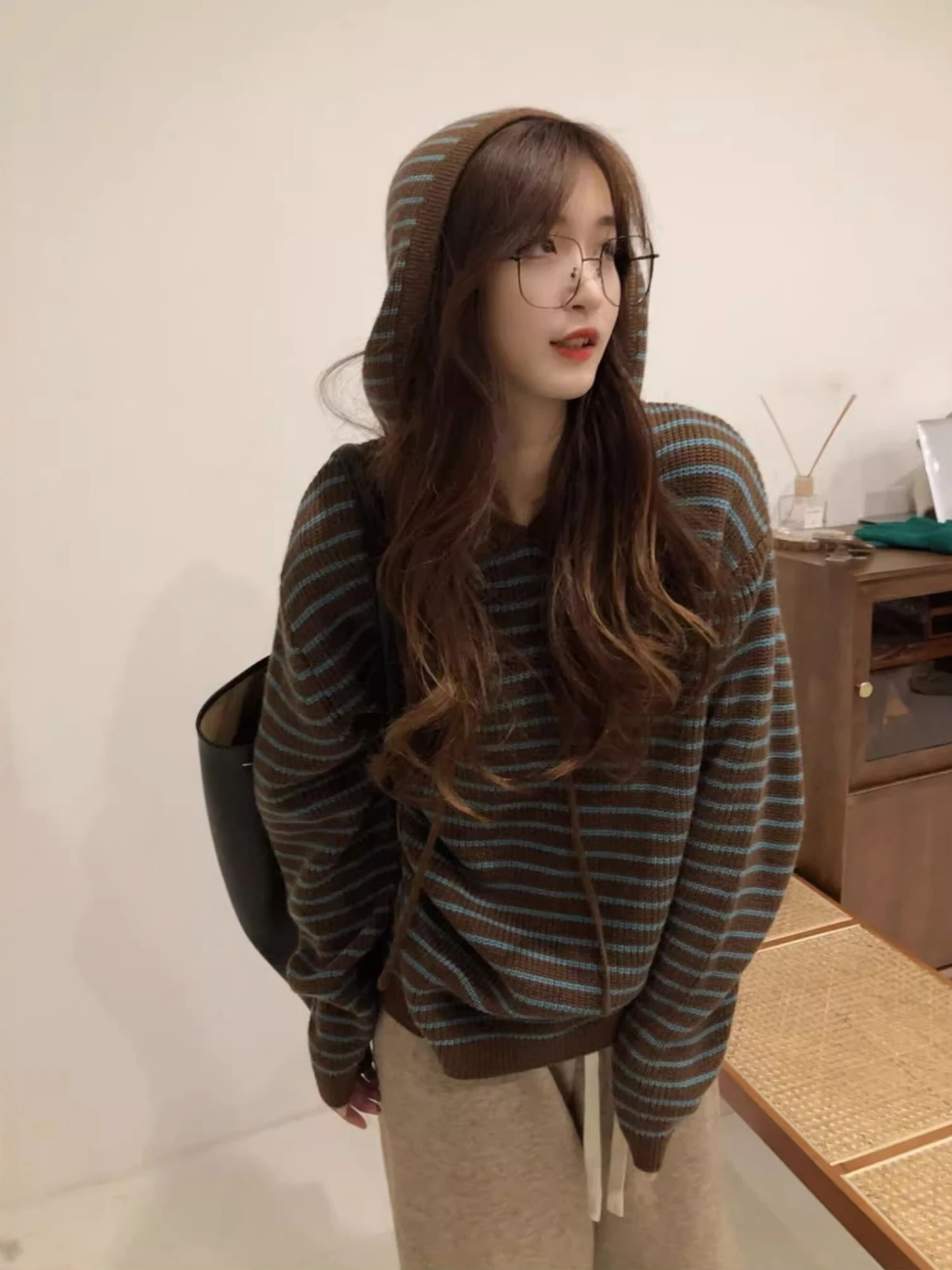 Retro Korean Striped Hooded Knitwear Long Sleeve Women's Sweater Autumn Winter High End Feeling Casual Loose Fit Soft Material