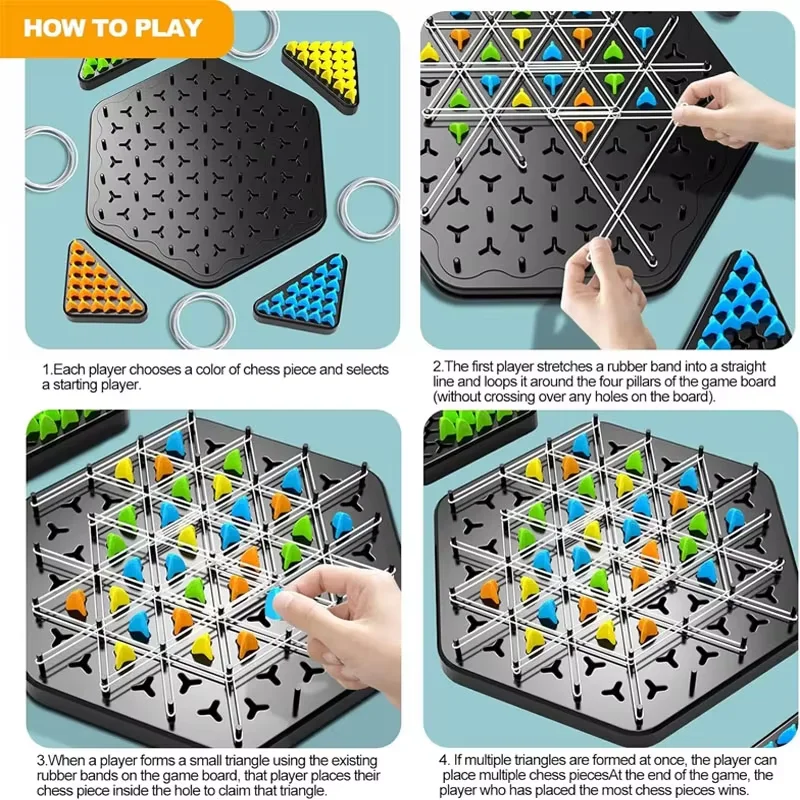 Chain Triangle Chess Game, Triggle Rubber Band Board Game, 2-4 Players Hexagonal Board, Family Party Table Game for Kids/ Adults view 5