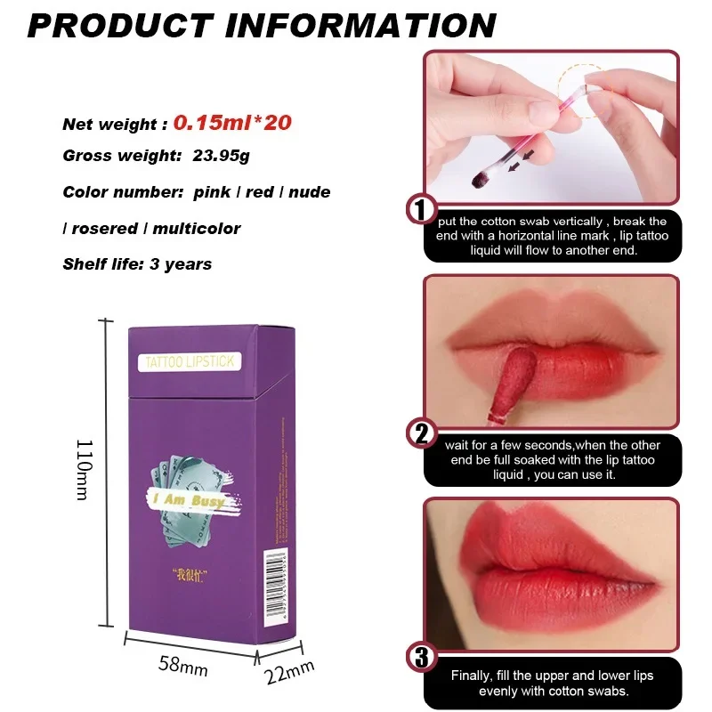 20Pcs/set Cotton Swab Lip Tint Long Lasting Not Easy to Fade Tattoo Lipstick Makeup Cosmetics Cigarette Case Liquid Lip Gloss