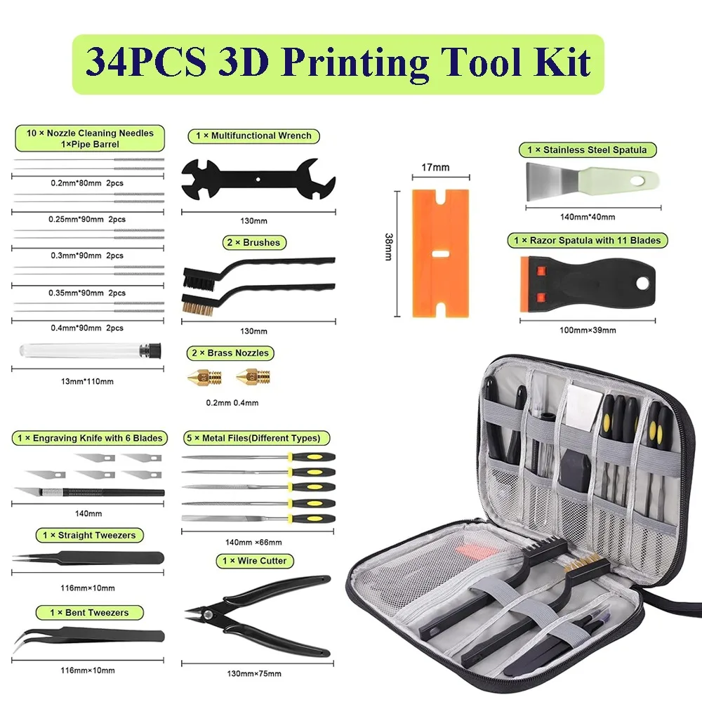 Kit d'outils d'imprimante 3D pour imprimantes FDM/SLA, outils de nettoyage des buses, grattoirs, fichiers, brosses, coupe-fil, couteau à graver, 34 pièces