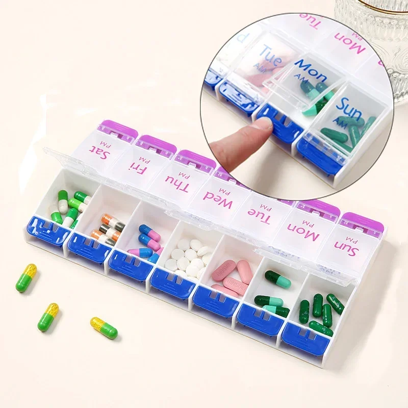 Push Button (7-Day) Pill Box Medicine Case Vitamin Organizer Weekly 2 Times a Day AM/PM Large Compartments Arthritis Friendly
