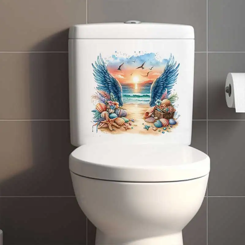 Angel Wings Ocean Theme Vinyl Stickers Self-Adhesive Toilet Cover Decals Bathroom Wall Art Home Decor AA496
