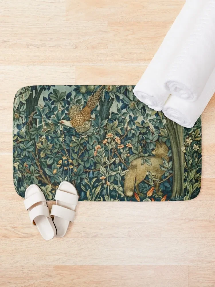 GREENERY, FOREST ANIMALS Pheasant and Fox Blue Green Floral Tapestry Bath Mat External Entrance Doormat Bathroom Slip Mat