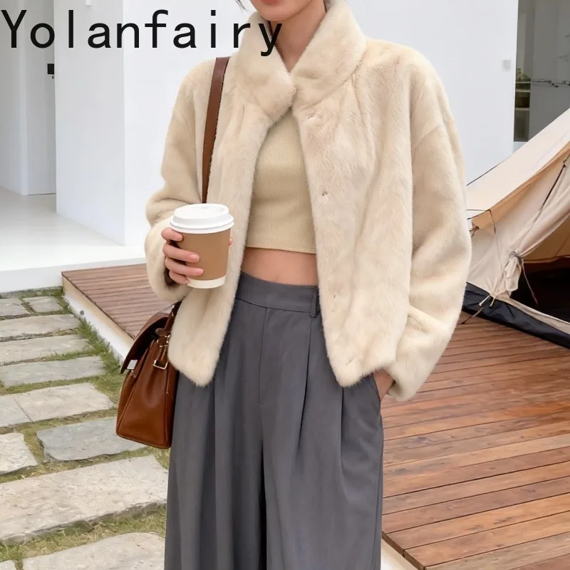 YOLANFAIRY 高級天然毛皮コート女性の冬エレガントなスタンドカラーショート本物のミンクの毛皮のジャケット婦人服アブリゴ
