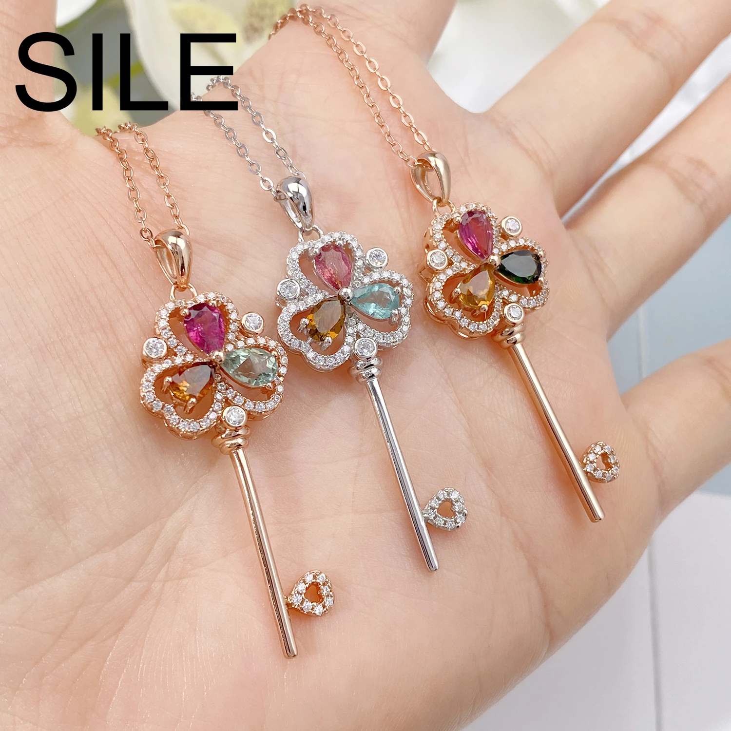 SILE Pear Cut Natural Colors Tourmaline Colver Key Pendants 925 Sterling Silver Gemstone Inlaid Necklaces Clavicle Chain Women