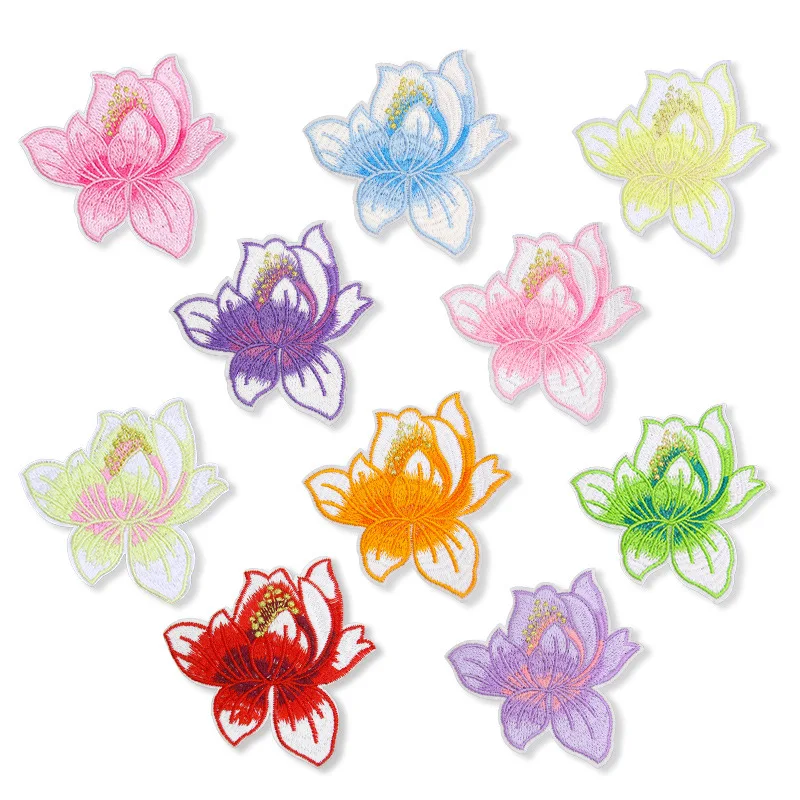 1 PCS Lotus Flower Embroidered Iron on Patches for Clothing DIY Stripes Clothes Patchwork Sticker Custom Flowers Applique badge