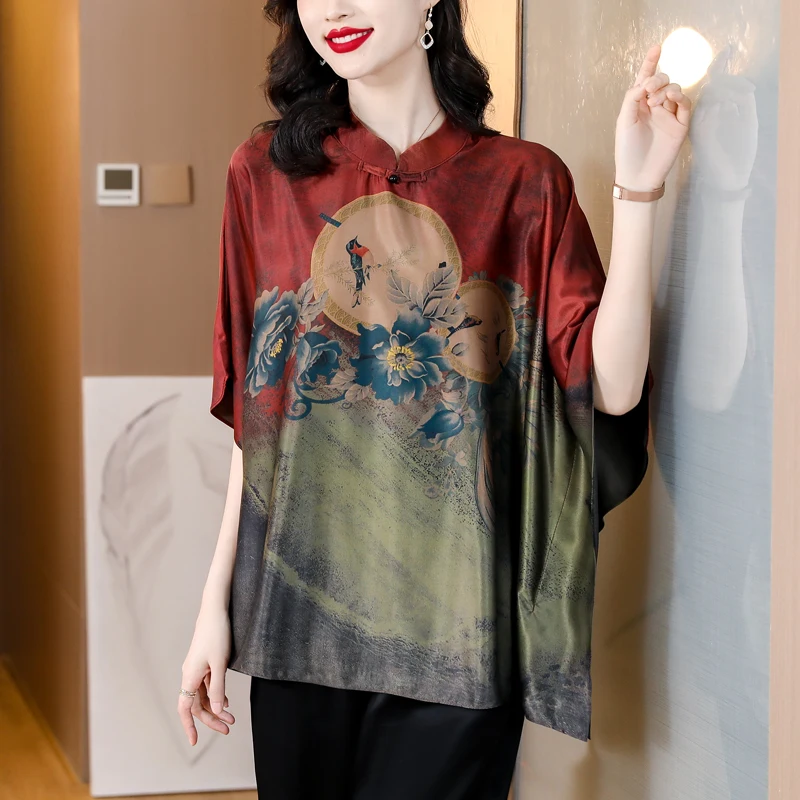 2023 Summer New Large Loose Silk Vintage Flower Print Top T-shirt Women's Bohemian Summer Silk Flesh Shield Slim Shirt