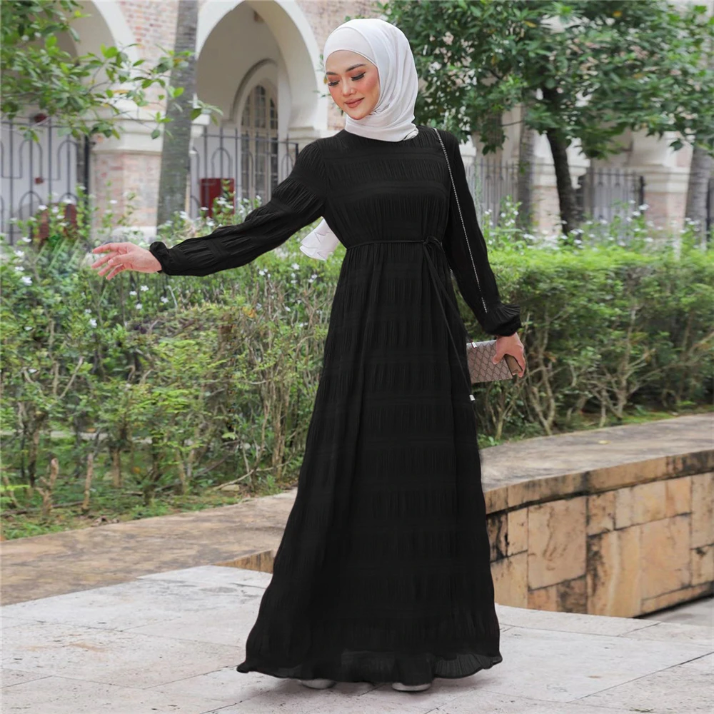 Eid Muslim Dress for Women Abaya Chiffon O Neck Long Sleeve Robe Crinkle Femme Musulman Casual Summer Dresses Ramadan Vestidos