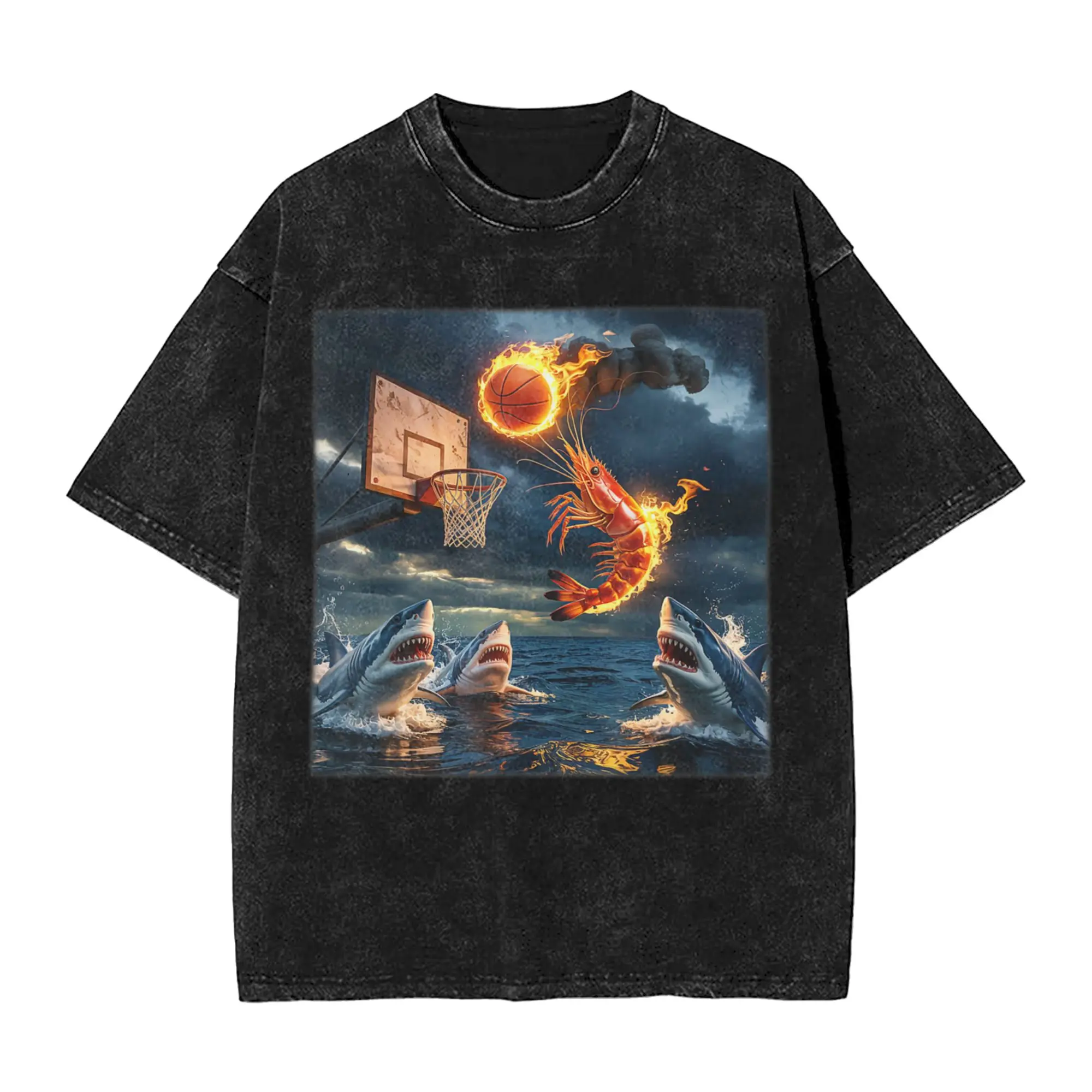 Men Shrimp Dunking On Shark Funny Fishing Meme T-Shirts  Top Tees Beach Vintage Short-Sleeved T-Shirt Round Neck Tshirt Cheap
