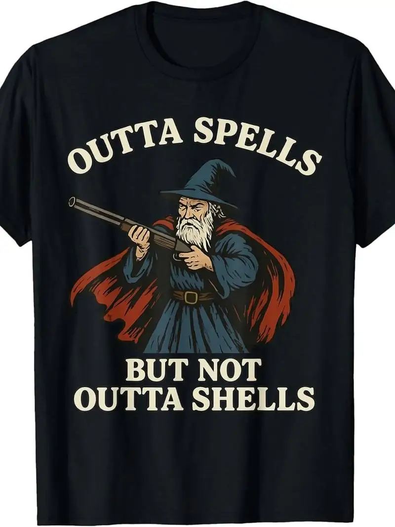 Outta Spells But Not Outta Shells Wizard Fantasy Meme T-Shirt Fashion Boutique Casual Wear Crew Neck Vintage Style Regular Fit