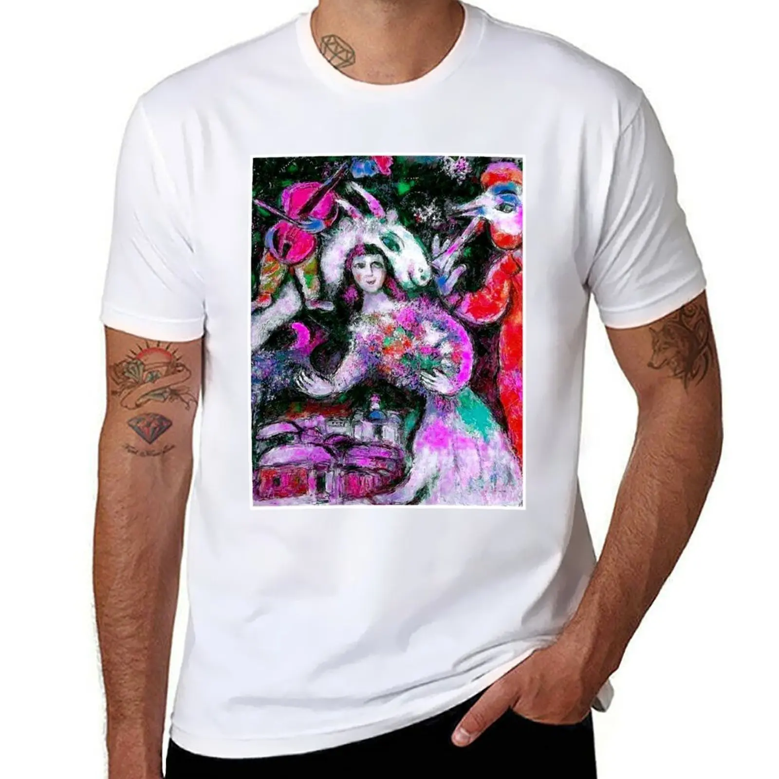 

LADY WITH FLOWERS : Chagall Style Abstract Print T-Shirt t shirts for man cotton T-Shirt