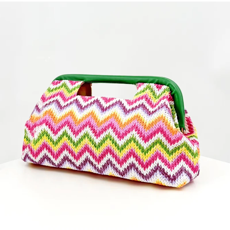 Handtasche mit Obergriff, Clutch aus gewebtem Stroh, Hobo-Tasche in Ahornblatt-Farbblock-Design, Damen-Sommermode-Abendtasche mit Farbkontrast – Detail 23