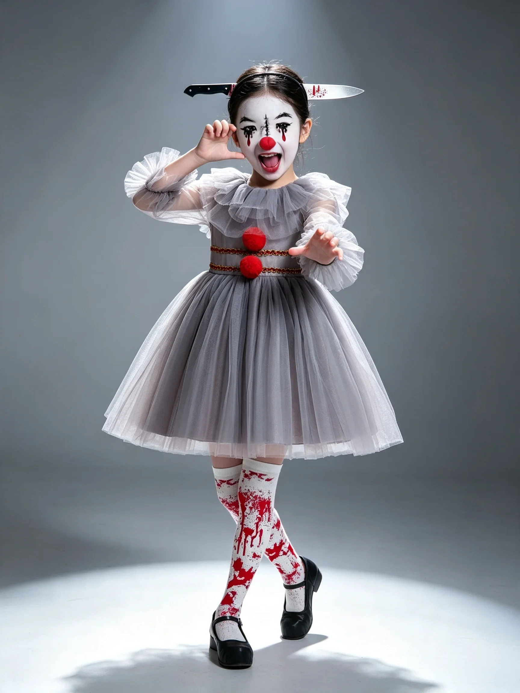 Mädchen Tutu-Kleid Halloween Cosplay Kostüm Grauer Joker Mädchen Gruseliger Clown Kostüm Karneval Party Verkleidung – Detail 3