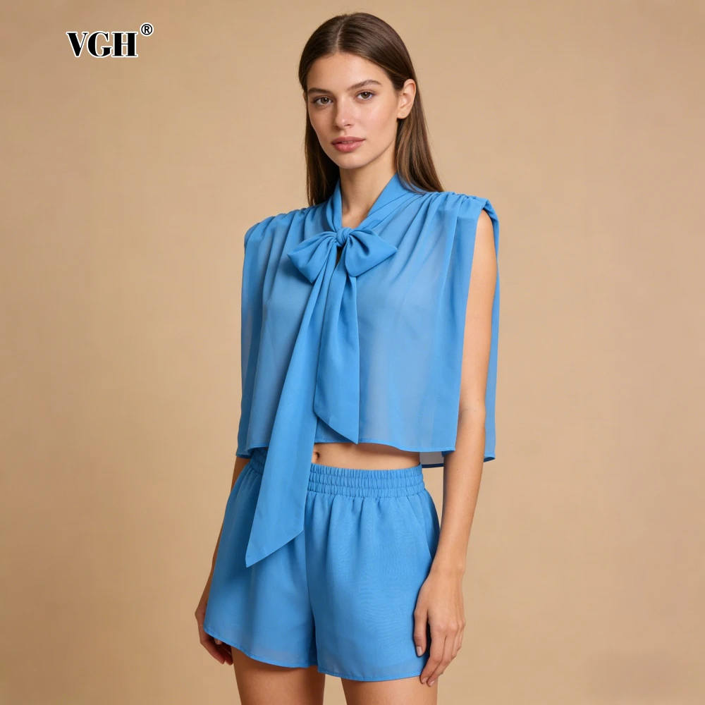 

VGH Summer Parties Blue Cape deisgn Short Style Sleeveless Shirt for Women Bow Neck Sheer Fabric for Stylish Office Cummuting