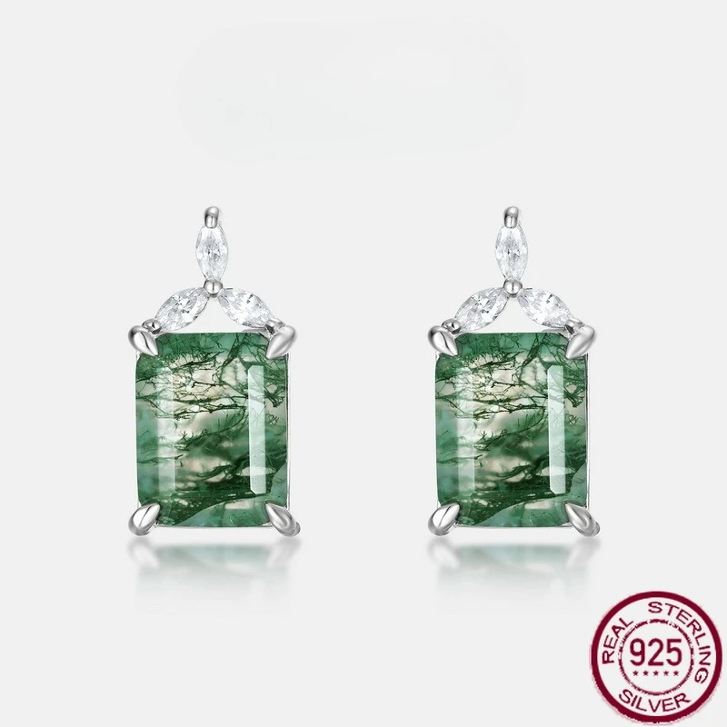 

New S925 pure silver geometric square natural water grass agate stone inlaid with green moss stone earrings, wedding jewelry